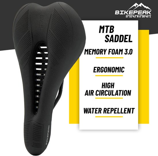 Zwart ergonomisch BikePeak MTB-zadel met "High Air Circulation" en "Water Repellent".