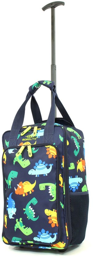 Blauwe kindertrolley met dinosaurussenprint, met uittrekbare handgreep en handvat.