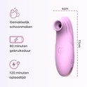 Roze Sinsaa speeltje van 11cm lang en 4cm breed, met pictogrammen voor gemakkelijke reiniging, 80 minuten gebruiksduur en 120 minuten oplaadtijd.