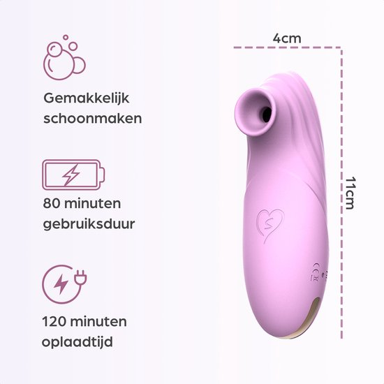 Roze Sinsaa speeltje van 11cm lang en 4cm breed, met pictogrammen voor gemakkelijke reiniging, 80 minuten gebruiksduur en 120 minuten oplaadtijd.