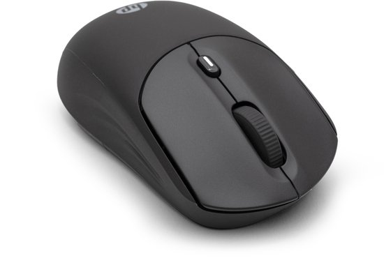 Grijze HP muis met scrollwiel en zijknop, schuin van voren gezien.