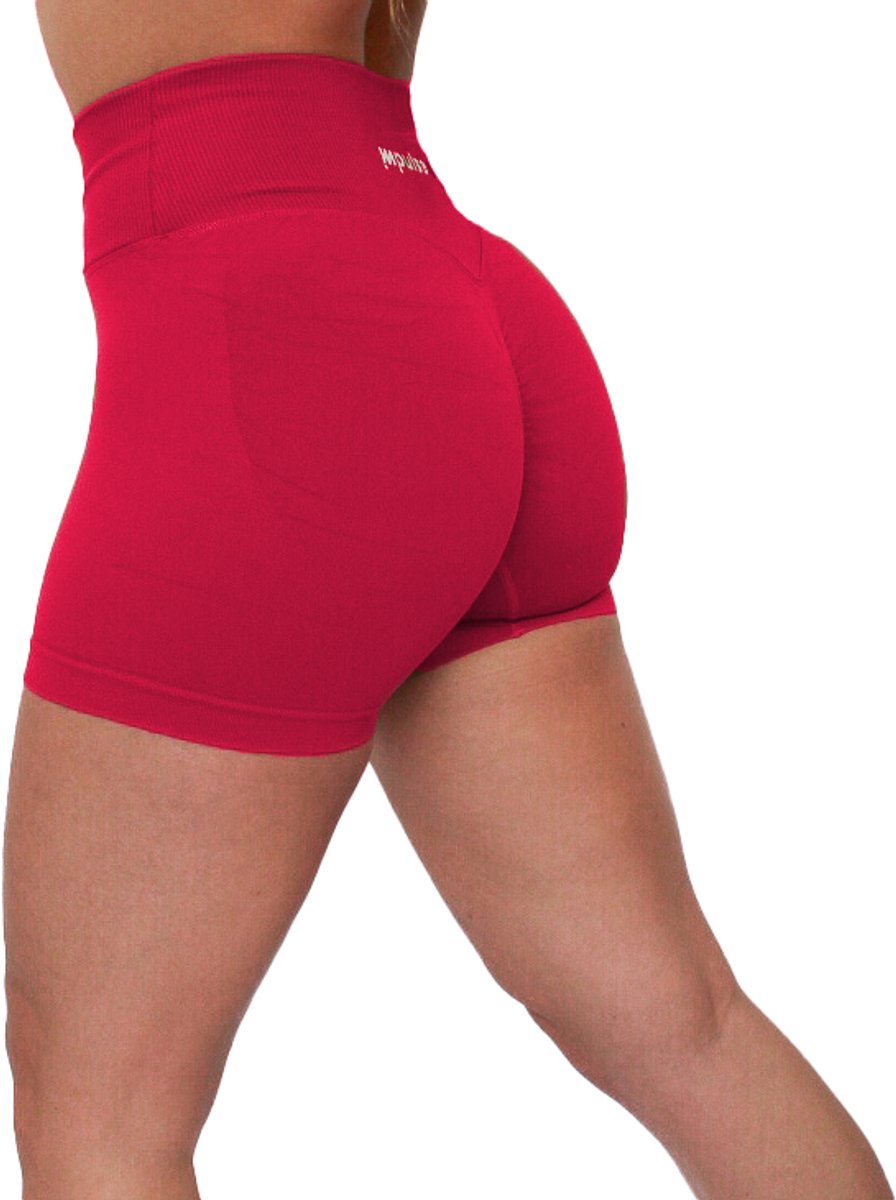 Gym short dames – Sport short dames – Seamless scrunch – High waist – Squat-proof – Fitness & yoga – Impulse Fitwear Elevate – Raspberry Rood – Maat L