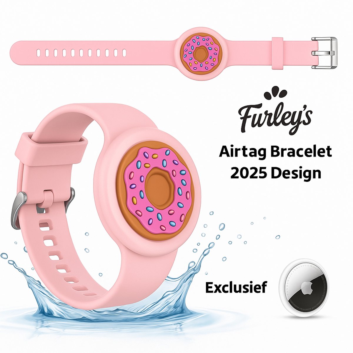 Waterdichte AirTag Armband voor Kinderen - Geschikt voor Apple AirTag - Airtag-sleutelhanger - Airtag Houder - Verstelbare Siliconen Tracker Houder - 2025 Design - Veilig Comfortabel - Roze Donut