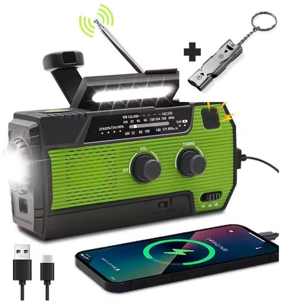 Noodradio Solar Opwindbaar en Batterij - Inclusief Noodfluitje - Noodpakket - Draagbare Survival Radio - 4000 mAh - Powerbank Zonneenergie - Bouwradio - Zaklamp – Groen