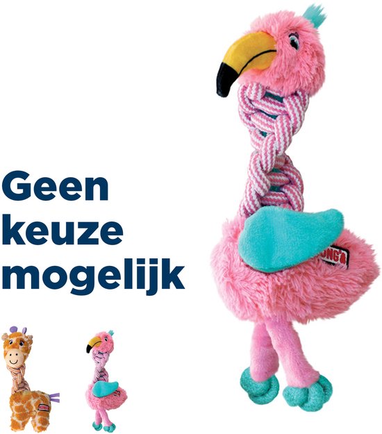 Pluche flamingo en giraf met touw, een roze flamingo en een oranje giraf met witte vlekken.