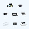 Overzicht van AZDome M770 Pro dashcam met accessoires: achtercamera, autolader, USB-C kabel, houder, statische vellen, 64GB micro SD kaart en kabelclips.