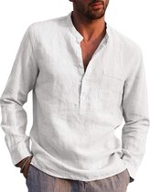 AUDATE Heren Katoen Linnen Shirt Herfst Zomer Overhemd Lange Mouwen Regular Fit Casual Shirt Wit XL