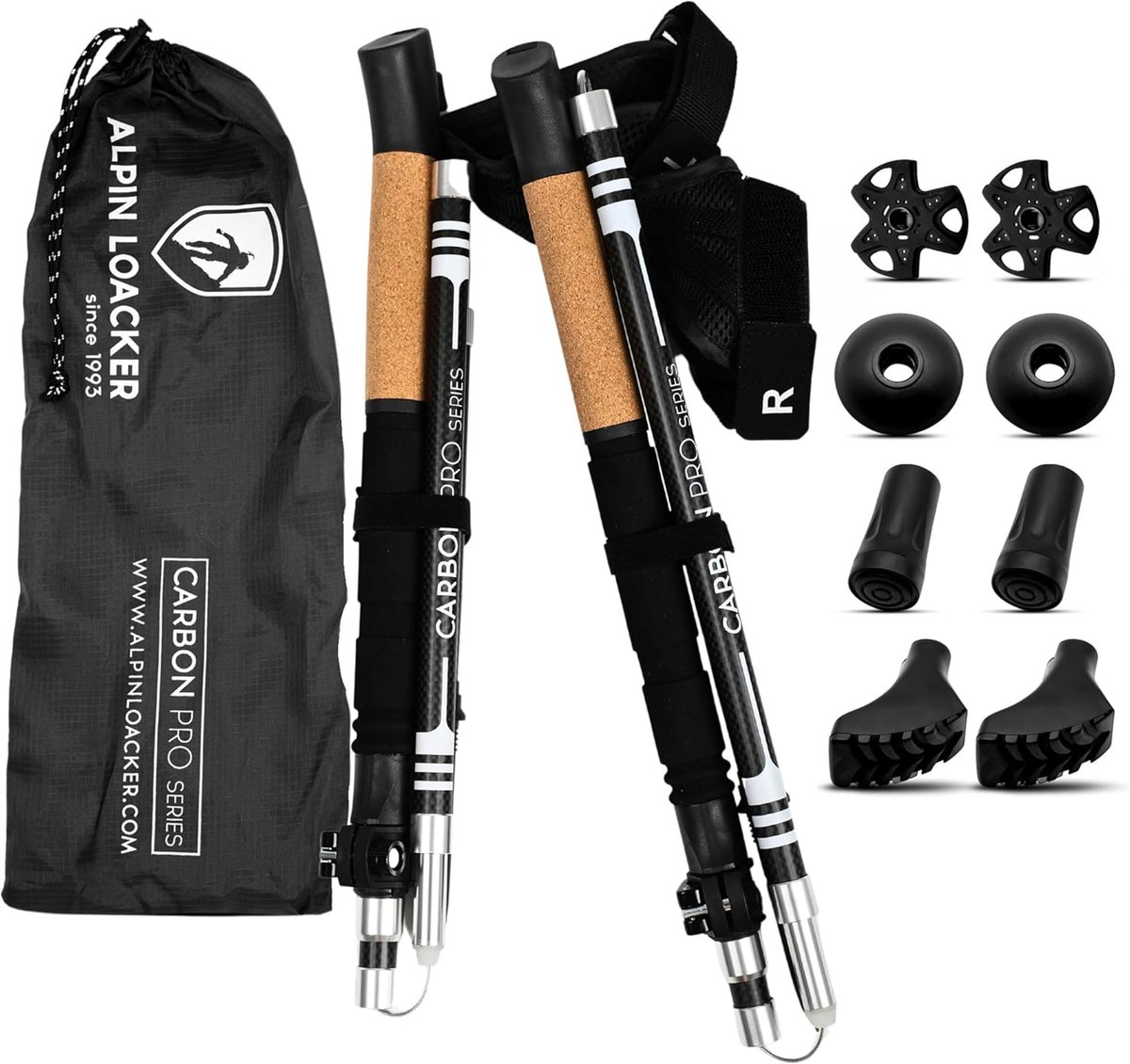 Alpin Loacker Vouwbare Carbon Trailrunning Stokken Verstelbaar met Korkgriff 115-135 cm | Lichtgewicht Nordic Walking Stokken met Accessoires en Tas - Trekking, Nordic Walking, Outdoor, Trekkingstokken