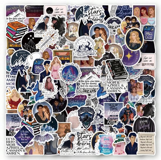 Grote verzameling cartoonstickers met fantasiepersonages, boeken en landschappen.