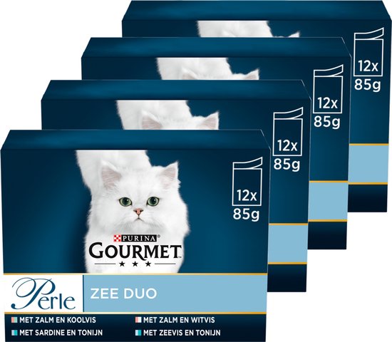 Gourmet Perle Zee Duo – Kattenvoer Natvoer - Zalm & Koolvis / Zalm & Witvis / Zeevis & Tonijn / Sardine & Tonijn – 48 x 85 g
