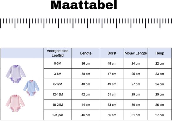 Maattabel voor meisjes badpakken met afbeeldingen van de badpakken.