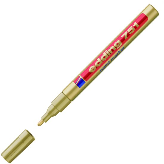 Gouden Edding 751 verfmarker met dop ernaast. Rood met gouden letters 'edding 751 paint marker'.