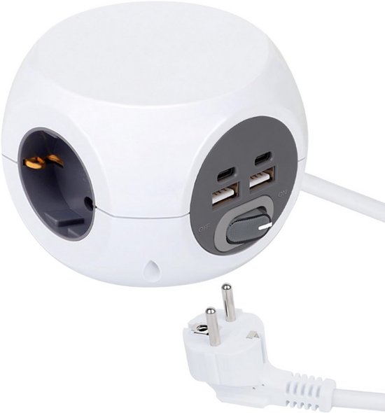 Stekkertoren met schakelaar, 8-voudige stekkerdoos met 4 USB, stekkerdoos overspanningsbeveiliging 1050 J, 2 m verlengkabel, meervoudige stekkerkubus voor thuis, kantoor (wit