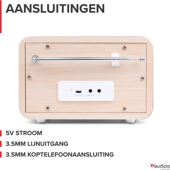 Achterkant van de DAB radio met wit front en houten kast, met aansluitingen.
