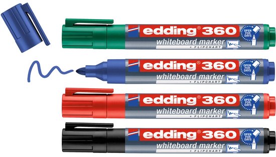 Set de marqueurs pour tableau blanc edding 360 avec 4 couleurs - noir, rouge, bleu, vert - pointe ronde 1,5-3 mm - convient également pour le papier de tableau à feuilles mobiles - rechargeable - technologie cap-off