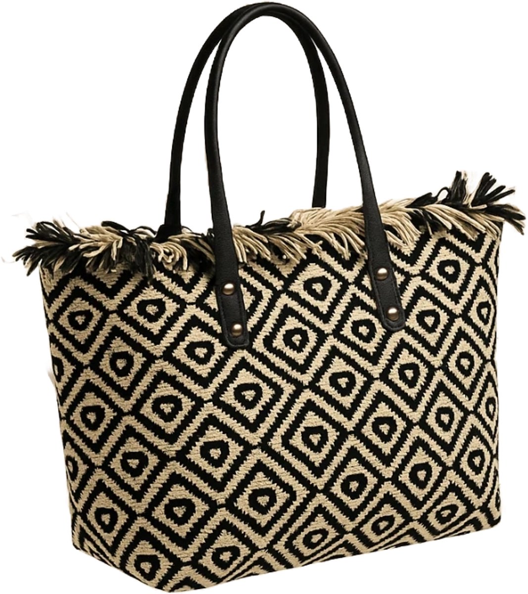 Boho Nomad Tote – Etnisch Zand-Zwarte Handtas met Franjedetail