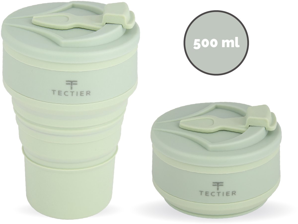 Opvouwbare Siliconen Koffiebeker To Go – Herbruikbare Drinkbeker met Deksel – BPA-vrij – Vaatwasserbestendig – Groen – 500 ml