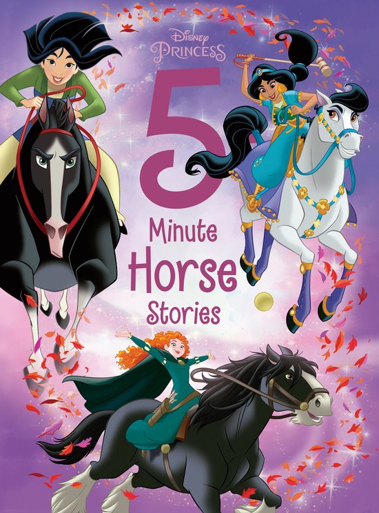 Boekomslag '5 Minute Horse Stories' met Disney-prinsessen Mulan, Jasmine en Merida te paard in een herfstsetting.
