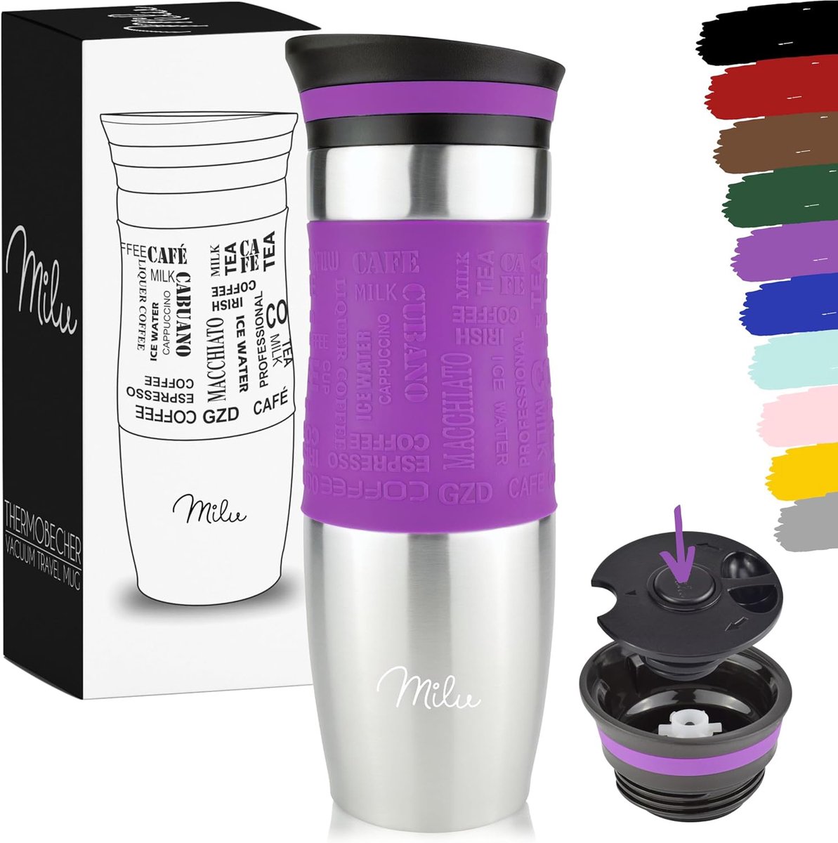 Milu Thermosbeker Koffie To Go - 370 & 450 ml - 100% Lekvrij - Thermobeker, Koffiebeker To Go, Drinkbeker van Roestvrij Staal - Autobeker Dubbelwandige Isolatie - Thermos Beker Auto- Travel mug - Thermo Beker (450 ml Paars)