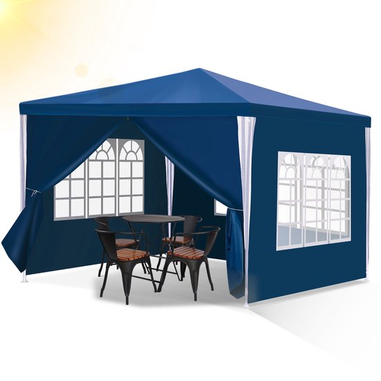 Daromigo Paviljoen, tuinpaviljoen, 3 x 3 m, waterdicht, partytent met afneembare zijdelen en grote ramen, tuintent, uv-bescherming, voor outdoor, tuin, feest, camping, blauw