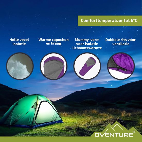 Slaapzak - Mummyslaapzak - Warm en comfortabel - 100% pongee polyester voering - Comfort temperatuur 5°C - 8°C - Waterafstotend - Voor kamperen, logeren, reizen, festival - 230x80 cm - Paars — afbeelding 3
