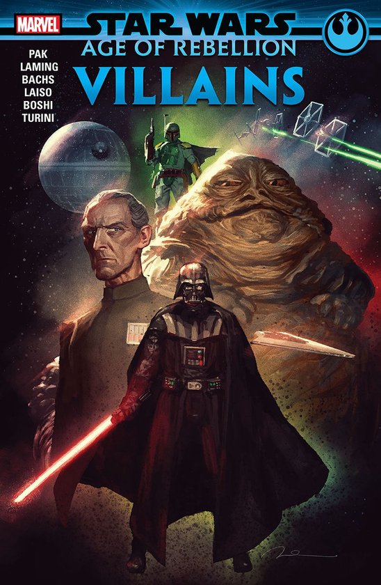 Star Wars Age of Rebellion VILLAINS cover met Darth Vader, Jabba the Hutt, Boba Fett en Moff Tarkin.