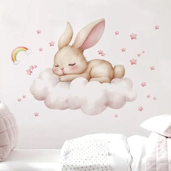 Muursticker 'Konijn op Wolk' - Babykamer - Kinderkamer - 50x35cm - Decoratie - Zelfklevend PVC - Interieur - Wanddecoratie - Sticker