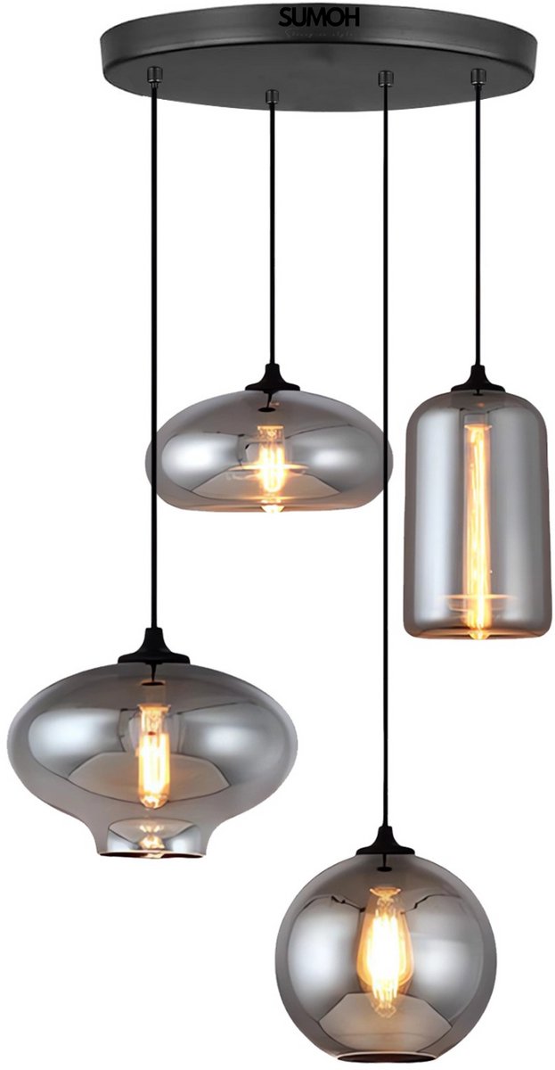 SUMOH® Luxe Hanglamp - 4 -Lichts Smoke Glas Design - Glazen Kappen in Diverse Vormen - Zwarte Plafondplaat 90cm - Moderne Industriële Plafondlamp - Verstelbare Hoogte - Voor Woonkamer, Eetkamer, Keuken, Hal