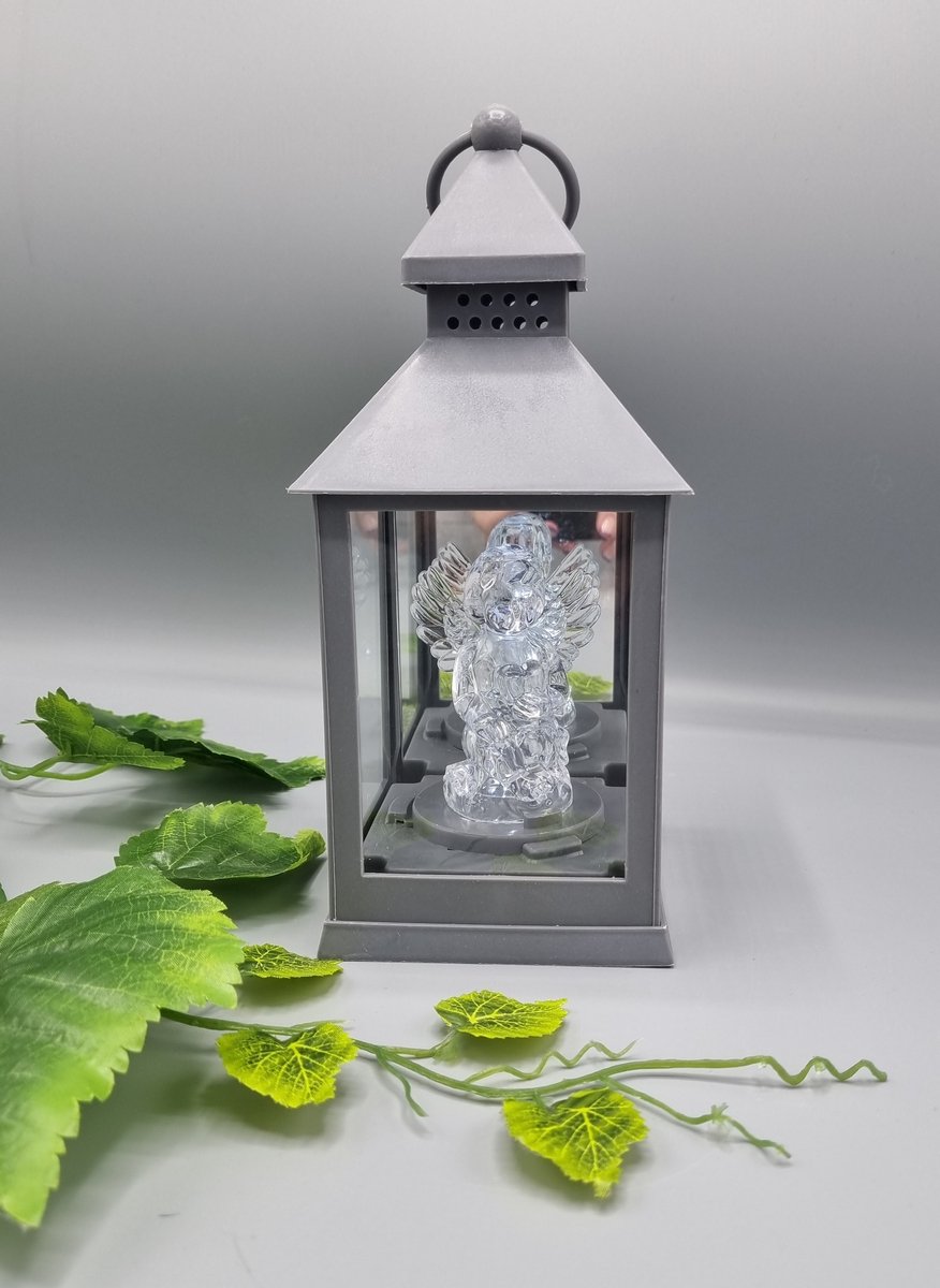 Lantaren - LED - Engel - Grijs - Windlicht - Graflicht - Graflantaarn - Grafdecoratie - Herdenkingslicht