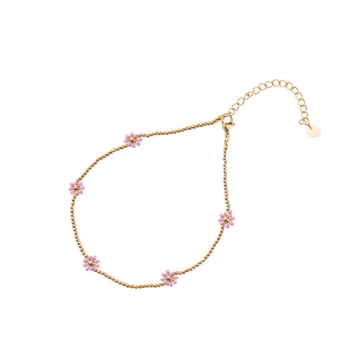 Go Dutch Label Enkelsieraad kralen roze bloemen Gold A2342-4