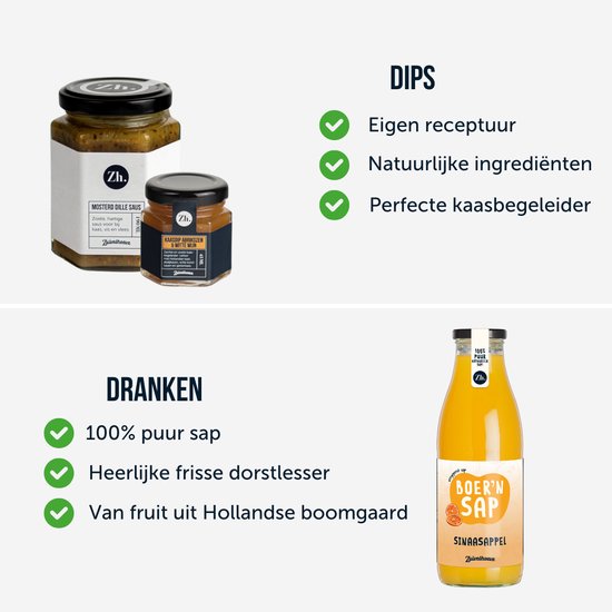 Een afbeelding met tekst over dips, met twee potjes, en een afbeelding met tekst over dranken, met een fles sap.