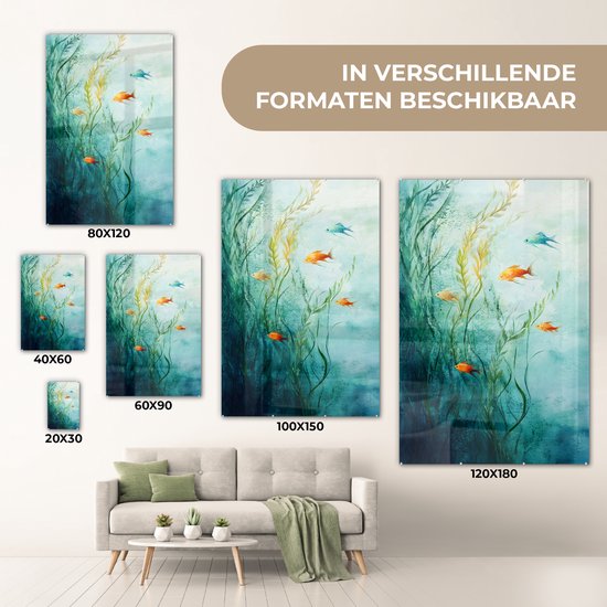 MuchoWow® Glasschilderij 60x90 cm - Schilderij acrylglas - Waterplanten - Vissen - Kleurrijk - Water - Foto op glas - Muurdecoratie woonkamer - Wanddecoratie slaapkamer - Schilderijen