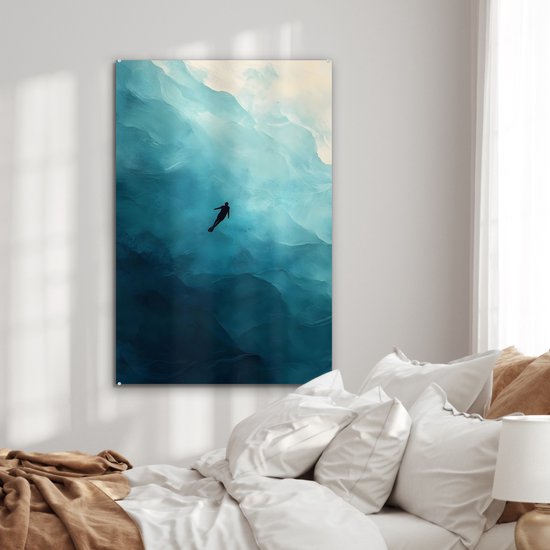 MuchoWow® Glasschilderij 80x120 cm - Schilderij acrylglas - Zee - Silhouet - Abstract - Blauw - Foto op glas - Muurdecoratie woonkamer - Wanddecoratie slaapkamer - Schilderijen