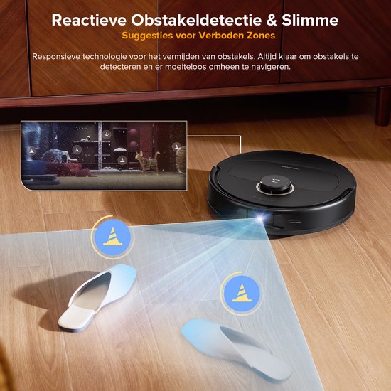 Roborock robotstofzuiger met reactieve obstakendetectie vermijdt slippers.