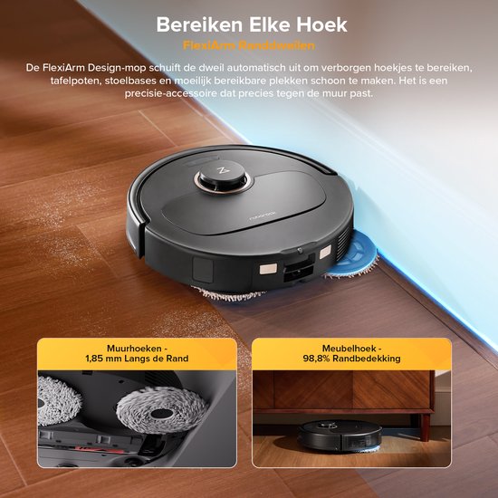 Roborock robotstofzuiger met FlexiArm bereikt muurhoeken en meubelranden.