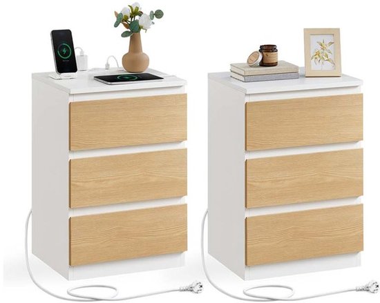 Homesy Nachtkastje set van 2 - Slaapkamer - Modern - Ebbenhout Wolkenwit/Strogeel - 3 lades - Met stopcontact