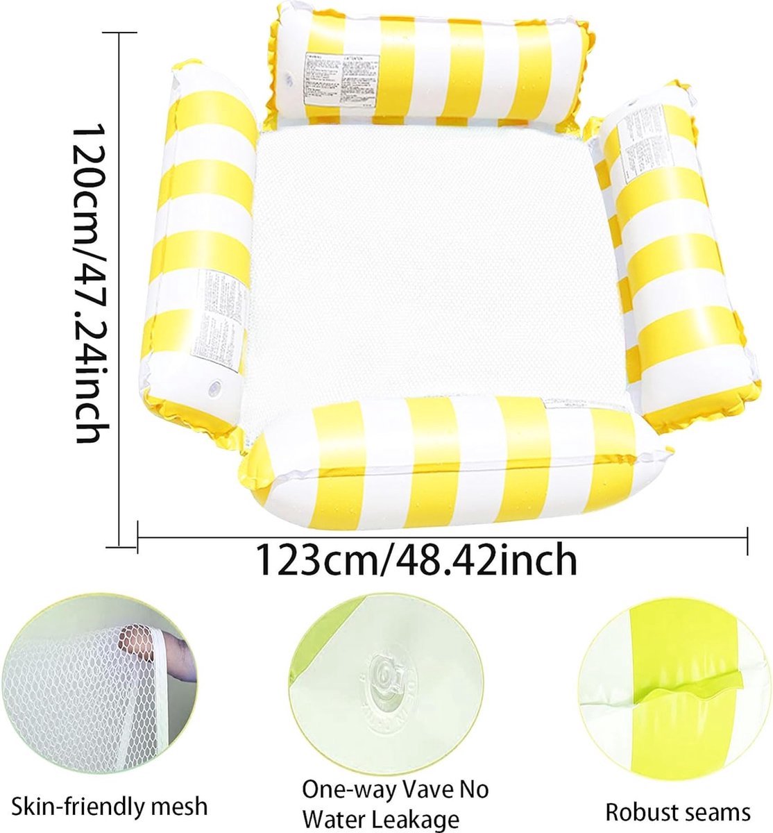 Waterhangmat Streeppatroon Geel - Yellow - Lounge Chair - Float - Zwembad - Hangstoel - Opblaasbare Zwembad Stoel - Water Hangmat - Luchtbed Zwembad - Luchtmatras - Floater - Strand - Waterspeelgoed - Vakantie - Zomer - Hammock Pool Float – foto 3