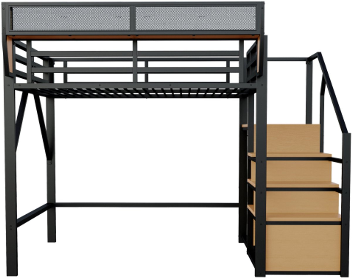 Dolamaní Hoogslaper, 140 x 200 cm, met bureau en plank, voor jongeren en volwassenen, draagvermogen 120 kg, metalen bed met lattenbodem, stabiel en open hangruimte, zwart