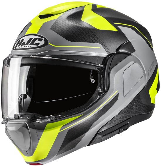 HJC F100 systeemhelm in zwart, grijs en geel met een F100 logo.