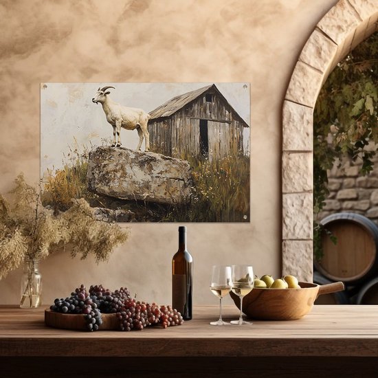 Chèvre sur rocher près de la grange - Impressions de jardin de chèvres - Tableaux de jardin animalières - Réalisme - Décoration pour murs extérieurs - Décoration design de jardin - Affiche de jardin 60x40 cm