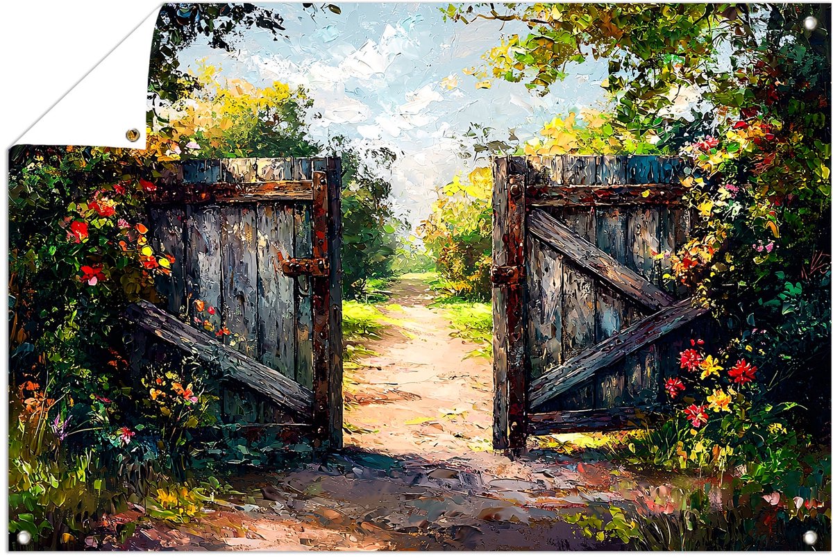 Houten tuinpoort in bloei - Poort posters - Tuinwanddecoratie architectuur - Impressionism