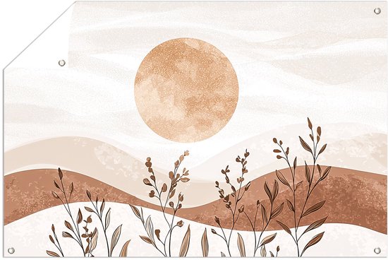 Abstract landschap met zon - Zon tuinprints - Tuinversiering landschap - Japandi - Tuinaccesoires voor aan de muur - Duurzame tuinposter - tuinposter 120x80 cm