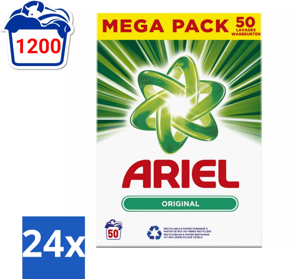 24 x Ariel Original - Waspoeder - Witte en Lichtgekleurde Was - 50 Wasbeurten - Ariel Original - Waspoeder - Wasmiddel - Witwas - Lichte Kleuren