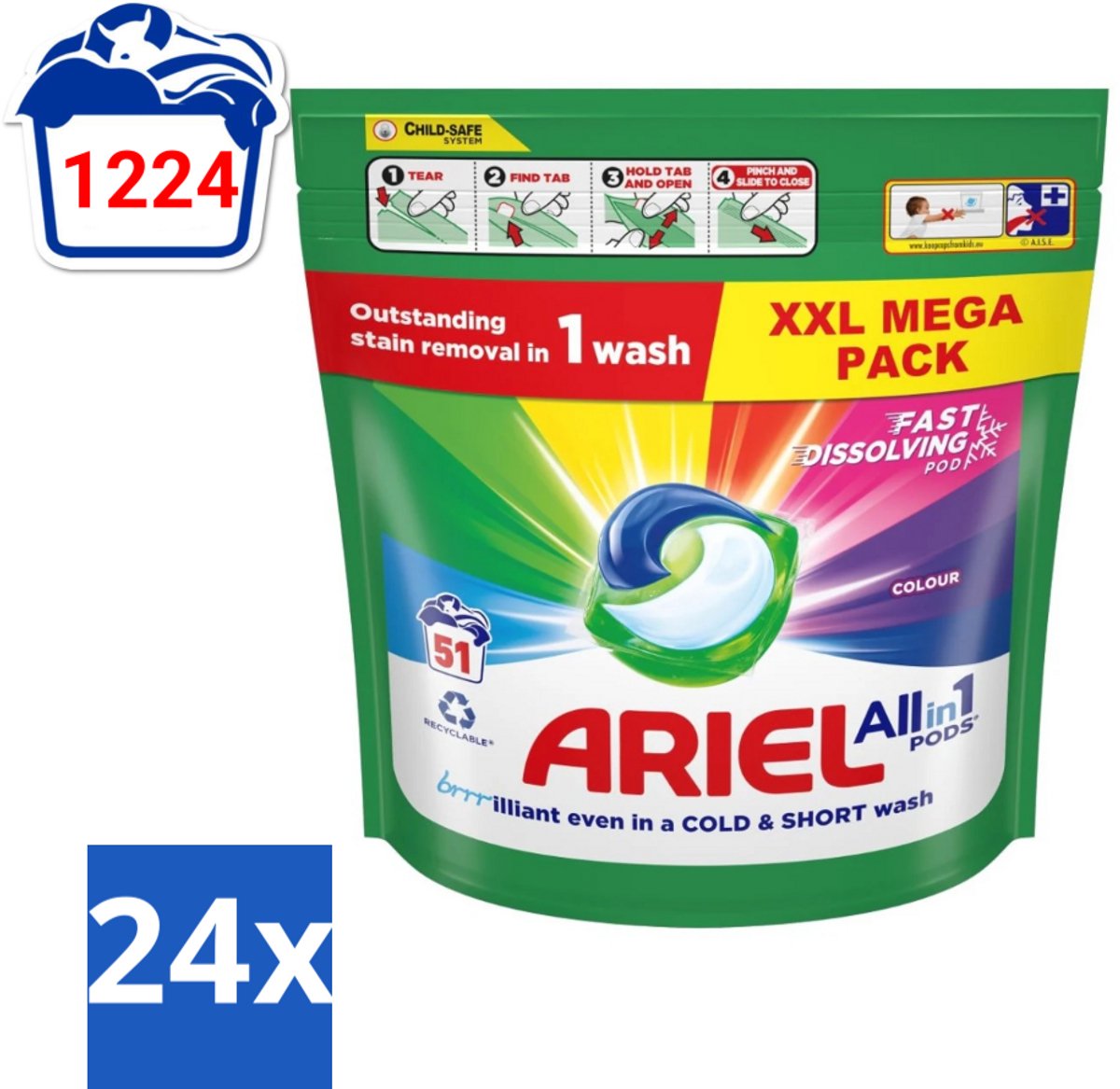 24 x Ariel Color - Wasmiddelcapsules - All-in-1 Pods - Gekleurde Was - 51 Wasbeurten - Wasmiddel Capsules - Kleurwas - Ariel Color - Wasmiddel Pods - Vlekkenverwijderaar