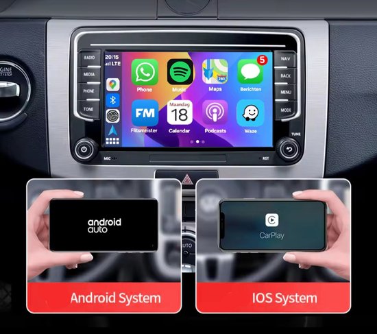 Autoradio met touchscreen: weergave Android Auto en Apple CarPlay op smartphones.