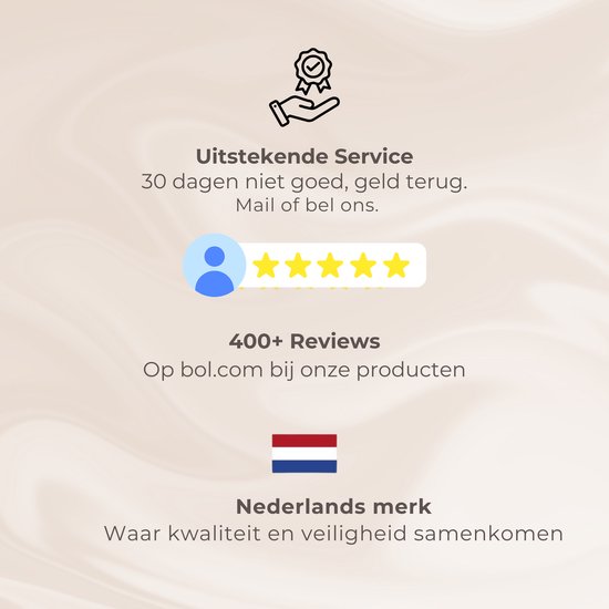 Uitstekende service: 30 dagen niet goed, geld terug. 400+ reviews op bol.com. Nederlands merk.