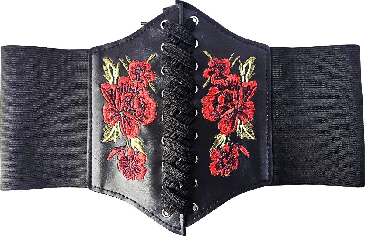 BamBella ® - Riem Maat XL XXL - Zwart Korset Mode Body Gothic Goth taille riem met bloemen print veter sluiting korset belt