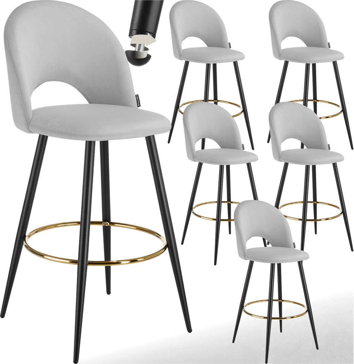 Tectake Set van 6 Barkrukken Sachel - Gestoffeerde Barkruk met rugleuning - Barstoelen - Ergonomische Barstoel met voetensteun - Eetkamerstoel met fluweellook bekleding - Stevige stalen poten met antislip vloerbescherming - Lichtgrijs/Zwart
