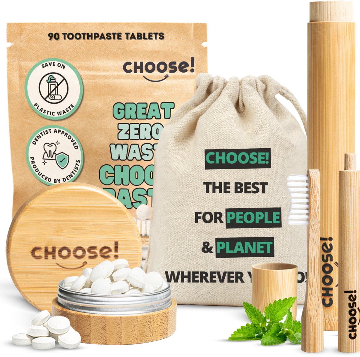 CHOOSE Travel Kit - Reisblikje met Tandpasta Tabletten, Bamboe Tandenborstel en Katoenen Zakje