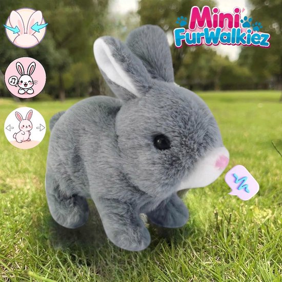 Klikkopers® - Interactieve Knuffel - Interactief Konijntje - Mini FurWalkiez - Lopend Konijn speelgoed - Grijs - Interactieve Konijn